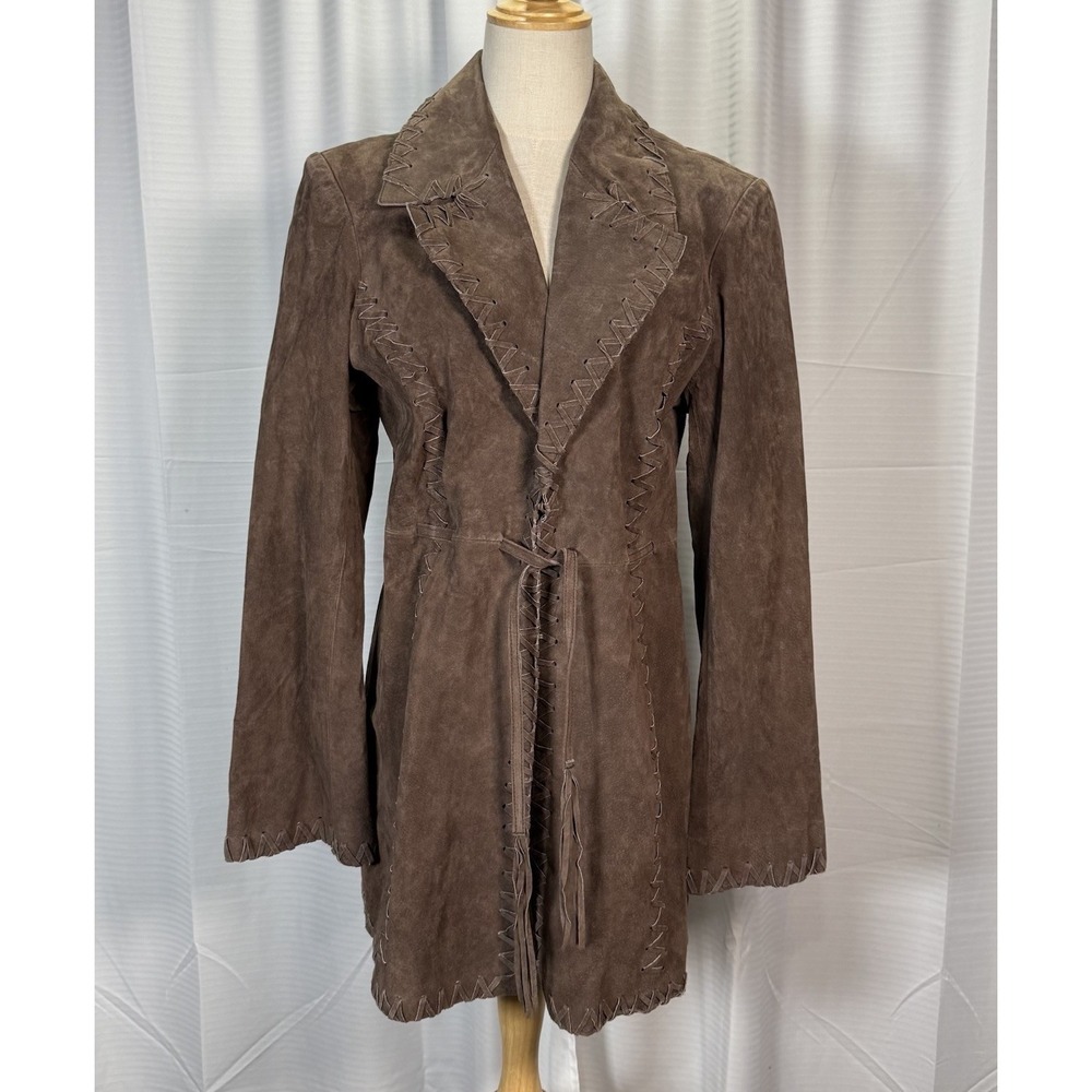 VTG Suede Whipstitched Jacket Tie Front Lace Up Boho Western Brown Coat Size M